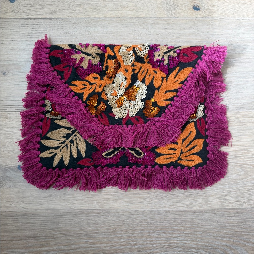 Ibban Handmade Embroidered Floral Fringe Clutch / Shoulder Bag